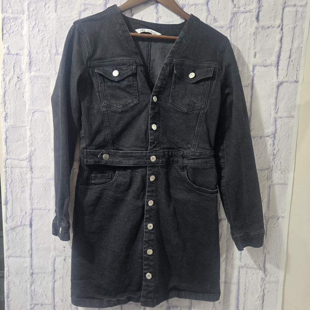 ZARA Black Denim Mini Dress Womens Size LARGE Button Front‎ Long Sleeve